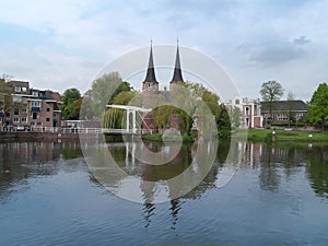 Panoramic view of Delft with east gate and typical bridge