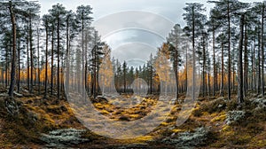 PANORAMIC VIEW OF A DENSE FOREST WITH TALL PINE TREES AND GOLDEN AUTUMN FOLIAGE