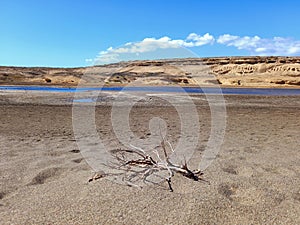 Panoramic view of desert landscape with lagoon and blue sky. Deserts and extreme nature