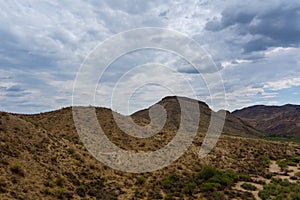 Panoramic view of desert valley mountains landscape with cactus in the Arizona, United States