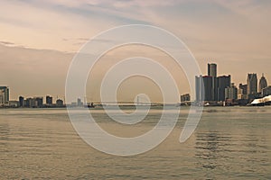 Panoramic view of the Detroit Windsor skyline with the Ambassador Bridge connecting the United States with Canada