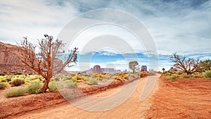 Panoramic view of a dirt road in Monument Valley.