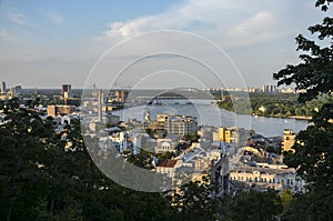 Panoramic view of Dnipro river and the historic district Podil. Kyiv, Ukraine