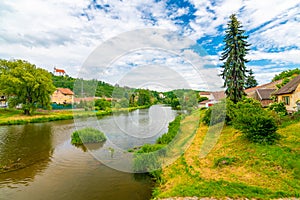 Panoramic view of Dolni Kounice city, South Moravia region, Czech republic. Small city with river in the middle