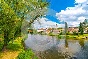 Panoramic view of Dolni Kounice city, South Moravia region, Czech republic. Small city with river in the middle