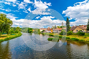 Panoramic view of Dolni Kounice city, South Moravia region, Czech republic. Small city with river in the middle
