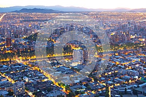 Panoramic view of downtown and Bellavista neighborhood on the foreground in Santiago