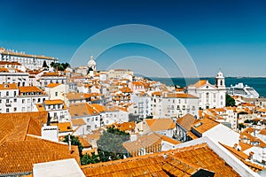 Panoramic View Of Downtown Lisbon Skyline In Portugal