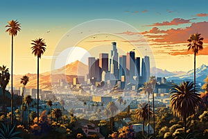 Panoramic view downtown skyscrapers cityscape of los Angeles city skyline in usa plam tree landscape