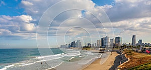 Panoramic view of downtown Tel Aviv with Charles Clore beach at Mediterranean coastline and business district of Tel Aviv Yafo,