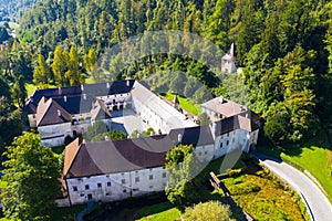Panoramic view from drone of the Bistra castle in Vrhnika. Slovenia