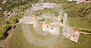 Panoramic view from drone of the castle Montemor o Novo. The Alcaides palace ruins. Evora district. Alentejo, Portugal