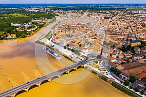 Panoramic view from the drone on the city Libourne. Confluence of the river Ile and Dordogne.