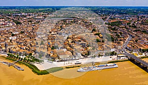 Panoramic view from the drone on the city Libourne. Confluence of the river Ile and Dordogne.