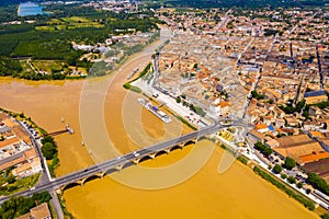 Panoramic view from the drone on the city Libourne. Confluence of the river Ile and Dordogne.