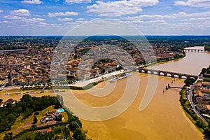 Panoramic view from the drone on the city Libourne. Confluence of the river Ile and Dordogne. France