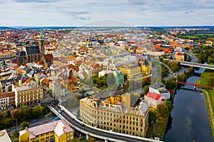 Panoramic view from the drone on the city Plzen.