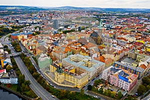 Panoramic view from the drone on the city Plzen.