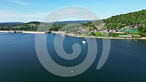 Panoramic view from the drone on the Solina Lake in Polish Bieszczady Mountains,