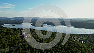 Panoramic view from the drone on the Solina Lake in Polish Bieszczady Mountains,