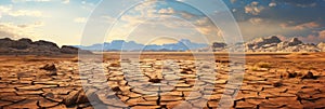 Panoramic view of dry cracked land, landscape of dry deserted ground in summer. Concept of soil, drought, global warming,