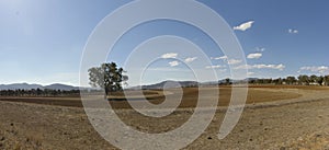 panoramic view of dry, dusty, drought stricken barren farmland