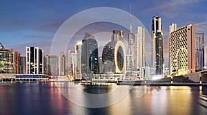 Panoramic view of Dubai Creek and night city skyline, United Arab Emirates, night Dubai ultra modern skyline