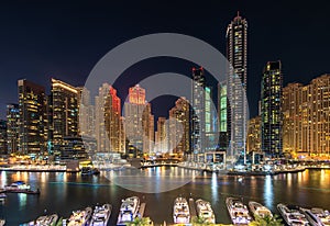 Panoramic view of Dubai Marina Walk at night