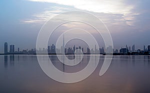 Panoramic view of the Dubai skyline with Burj khalifa and other sky scrapers