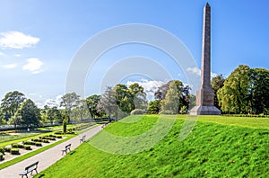 Panoramic view of Duthie park alley with river Dee and McGrigor obelisk, Aberdeen