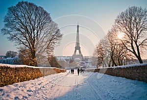 A panoramic view of the Eiffel Tower in Paris during winter