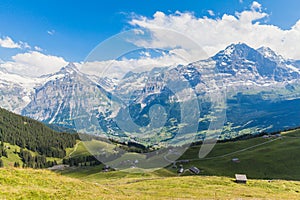 Panoramic view of Eiger, Schreckhorn and the valley