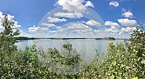 Panoramic view in Elk Island National Park`s Astotin Lake in Alberta.