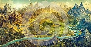 Panoramic view of an enchanting fantasy world with lush valleys, towering mountains and a serene river
