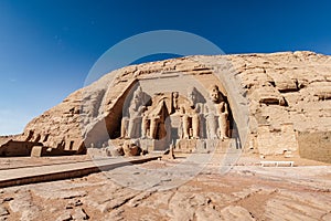 Panoramic view with the entrance to Abu Simbel Great Temple in Aswan Egypt