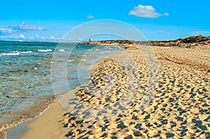 Panoramic view of the Es Cavallet beach, in Ibiza Island, Spain photo