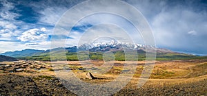 Panoramic view of Eshtykel plateau, Altai Republic, Siberia, RussiaMountain landscape. Panoramic view of Eshtykel plateau and