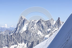 A panoramic view of European Alps on a sunny day. Mount Blanc as a highest mountain in Europe covered with snow and glacier