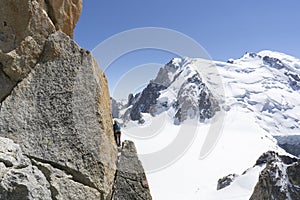 A panoramic view of European Alps on a sunny day. Mount Blanc as a highest mountain in Europe covered with snow and glacier. A