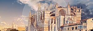 Panoramic view exterior of Cathedral of Palma de Mallorca or La Seu. Spain