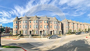 Panoramic view exterior of new townhouse apartment building near