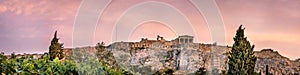 Panoramic view of the Facade of the Ancient Temple of Athina at the Acropolis in Athens, Greece