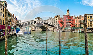 Panoramic view of famous Canal Grande with famous Rialto Bridge in Venice, Italy