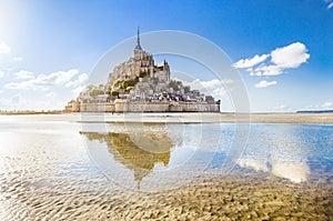 Panoramic view of famous Le Mont Saint-Michel tidal island on a