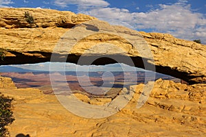 Panoramic view of famous Mesa Arch. Canyonlands has more than 80 natural arches - Canyonlands National Park, Utah, USA