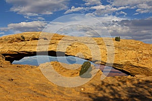 Panoramic view of famous Mesa Arch. Canyonlands has more than 80 natural arches - Canyonlands National Park, Utah, USA