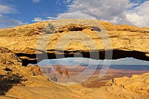 Panoramic view of famous Mesa Arch. Canyonlands has more than 80 natural arches - Canyonlands National Park, Utah, USA