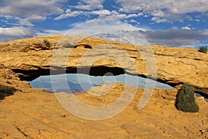 Panoramic view of famous Mesa Arch. Canyonlands has more than 80 natural arches - Canyonlands National Park, Utah, USA