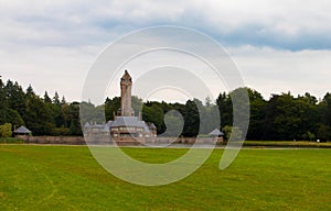 Panoramic view of the famous monumental hunting castle Jachthuis Sint-Hubertus in national park De Hoge Veluwe