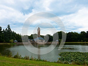 Panoramic view of the famous monumental hunting castle Jachthuis Sint-Hubertus in national park De Hoge Veluwe